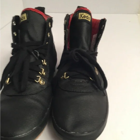 Keds Black Lace-Up High-Top Boots with Red Plaid Lining - Picture 3 of 11